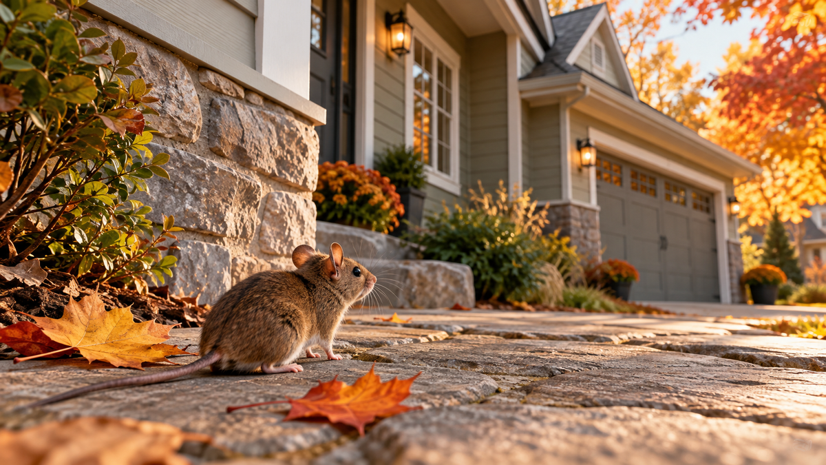 A brown mouse beside a Canadian home and garage surrounded by autumn maple leaves.