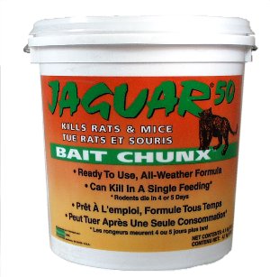 Jaguar Mouse and Rat Bait Chunx, 9-pound pail for effective rodent control, kills in 4-5 days, all-weather formula.