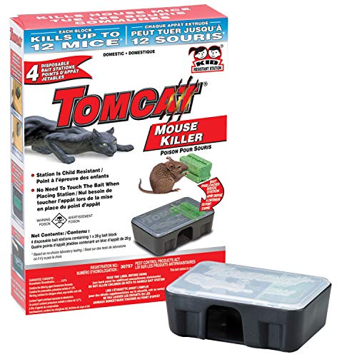 Tomcat Mouse Killer - 4 stations d'appâts résistantes aux enfants et aux chiens contenant des blocs d'appâts de 28 grammes