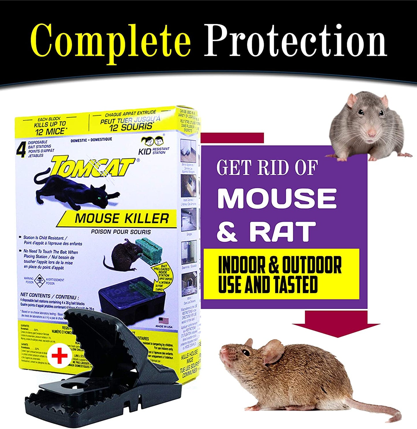Mouse Rodent Rat Poison Trap Killer-Child and Dog Resistant-Disposable 4 pack stations
